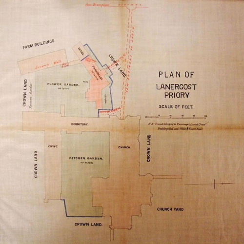 Hand-drawn plan of Lanercost Priory and the adjoining parsonage, dated 1869 (document reference MFC 1/173/2)