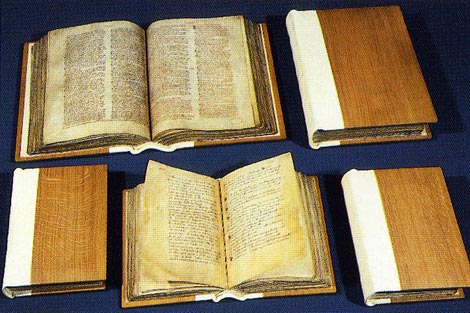 Great and Little Domesday Books today bound in five parts: two (above) for Great Domesday and three (below) for Little Domesday; Catalogue reference: E 31/2/1-2 and E 31/1/1-3