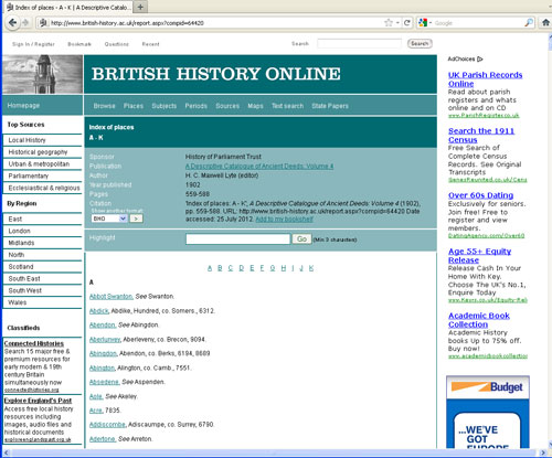 British History Online version of Ancient Deeds with links to place names
