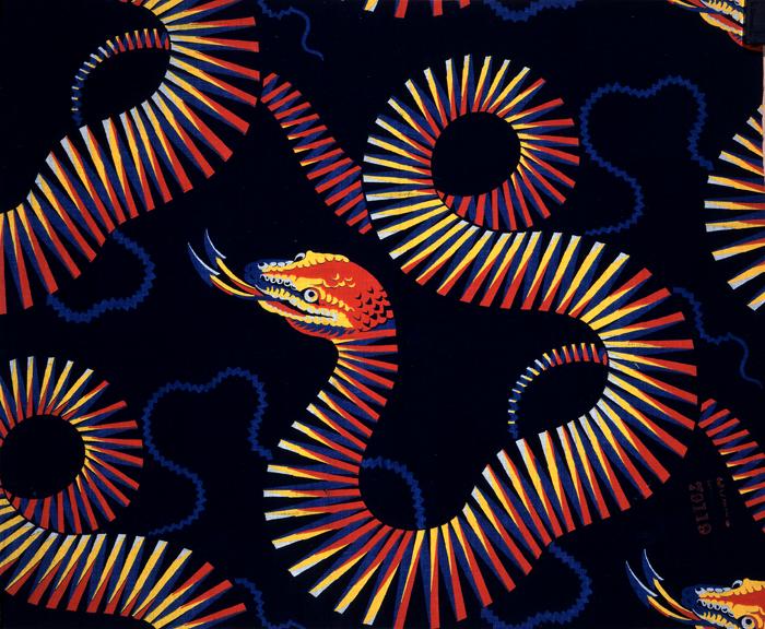 Snakes on black background textile design (catalogue ref: EXT 9/104)