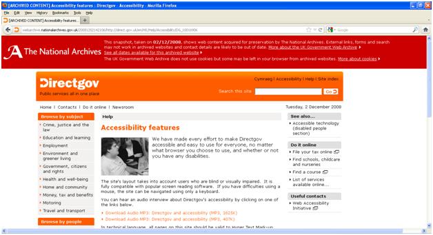 Directgov - Accessibility features - archived December 2008