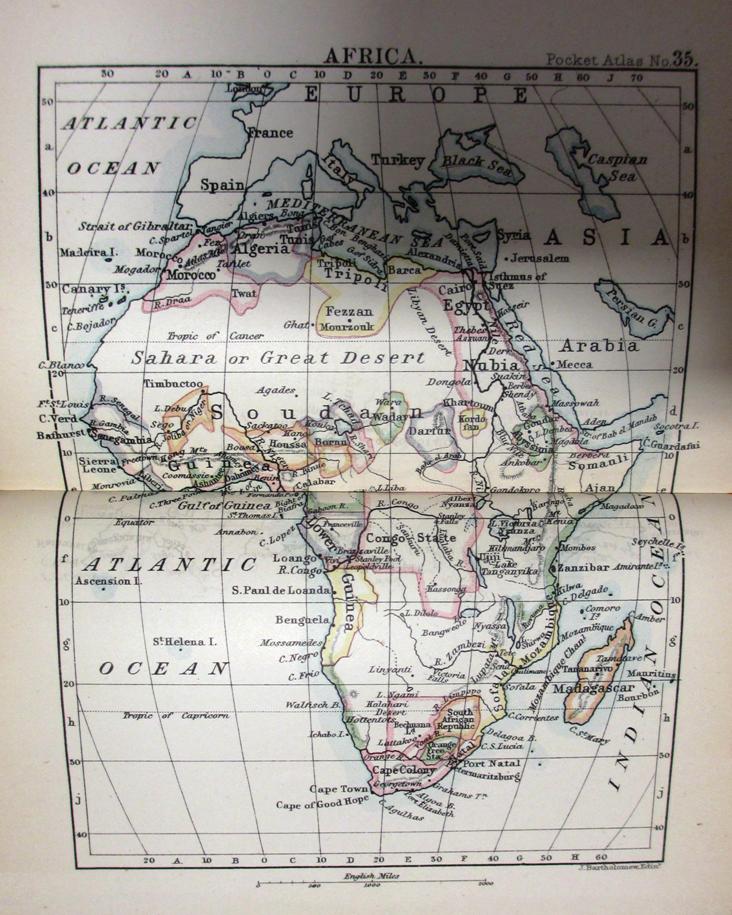 A more conventional map of Africa, from a Bartholomew pocket atlas published in 1886 (reference: FO 925/4163 plate 35). Much of the continent is shown as white space