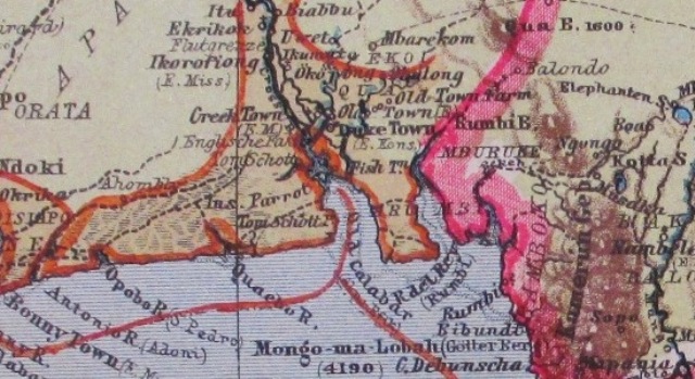 Detail from a German map, showing Old Calabar and the surrounding area in 1886 (reference: FO 925/872 sheet 5). British territory is marked in orange and German territory in pink
