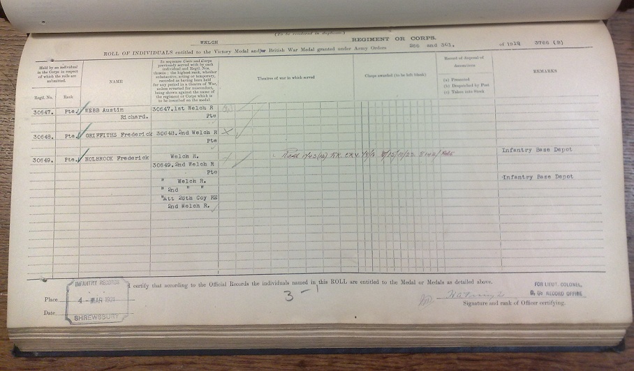 Army ledger showing First World War campaign medals for a small number of soldiers
