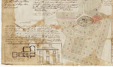 Detail of complex document showing a house design, plot layout and some handwritten text
