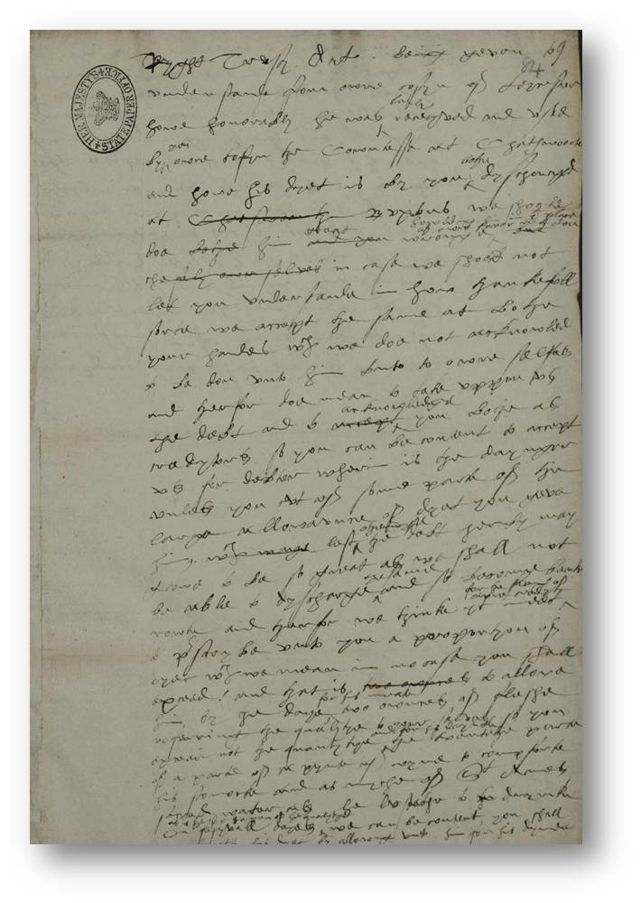 First page of the draft letter from Elizabeth I to the earl and countess of Shrewsbury