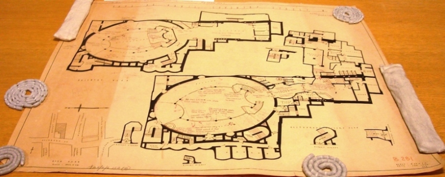 Plan of the Café de Paris, showing the effects of the bombing (reference: HO 193/68). The plan is shown laid out with weights to keep it flat.