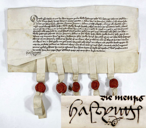 William Hastings’ signature visible on a property deed relating to the Manor of Teigh in Rutland, 1472