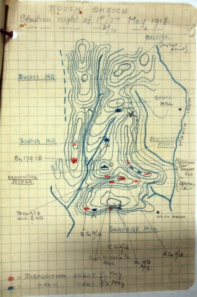 The sketch map also forms part of Appendix B to 2/18 London Regiment’s war diary for May 1918. (Reference: WO 95/4670)