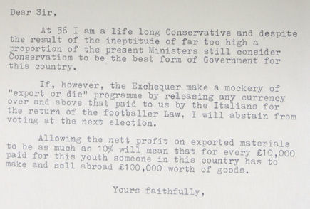 Letter on the transfer of Denis Law from Torino to Manchester United, 1962