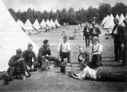 British soldiers at dinner in camp, Aldershot, 1889