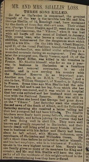 Local newspaper cutting detailing the losses of the Shallis family