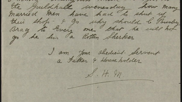 Anonymous letter sent to Middlesex Appeal Tribunal describing Charles Busby as a "shirker" for avoiding military service