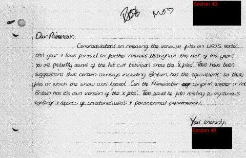 Letter congratulating Prime Minister on releasing UFO Files