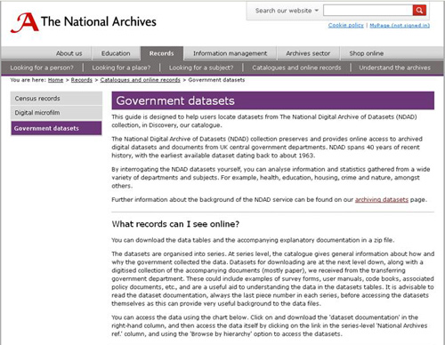 Snapshot of the Government Datasets guidance on The National Archives website