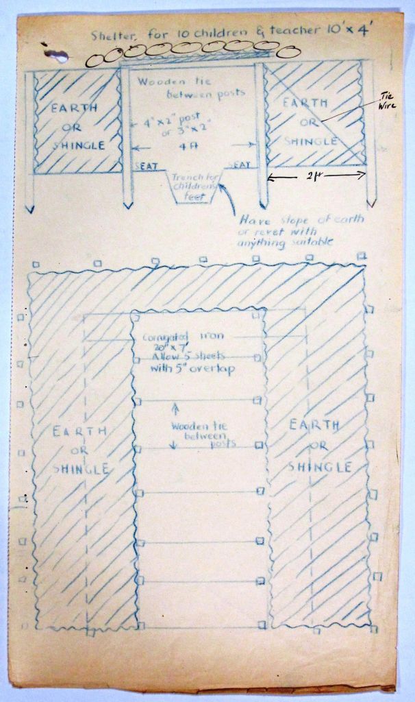 Rough sketch showing proposals for shelters for disabled evacuees that could be built by the children and teachers themselves.