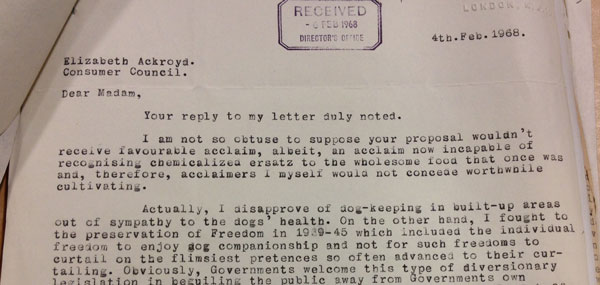 Letter to Consumer Council February 1968 (reference: AJ 3/182)