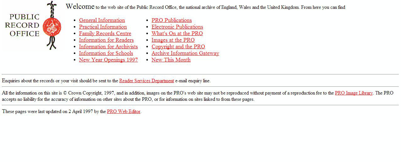 The Public Record Office website in 1997