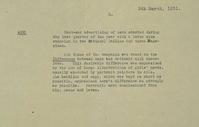 Aero campaign statement from Rowntree's advertising guard book, 1951. Ref: Borthwick Institute/R/Guardbooks/S10