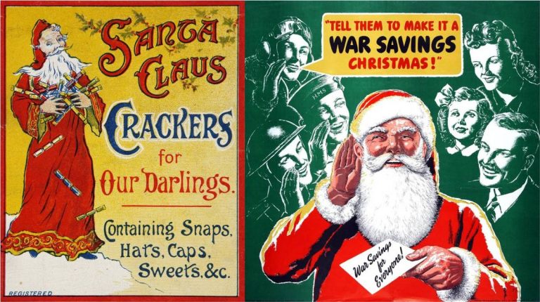 Model behaviour: Advertising Christmas crackers in 1908 (left) and starring in a wartime National Savings campaign in 1943 (right). Catalogue references: COPY 1/268, no 22; NSC 5/114