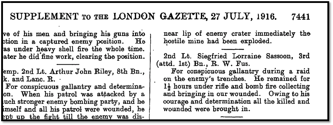 An extract from the London Gazette showing Sassoon's recommendation for the Military Cross.