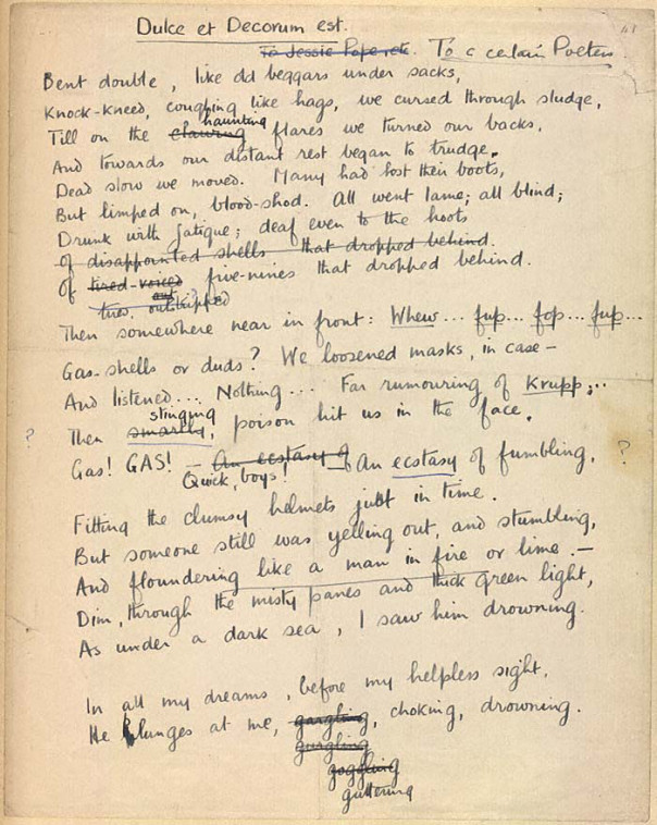 Image of the original copy of 'Dulce et Decorum Est' reportedly edited by Siegfried Sassoon.