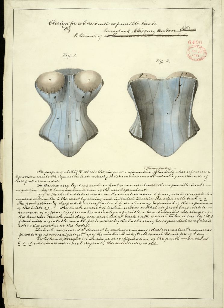 Image of a registered design showing the front and back view of a 'corset with expandible busts'.