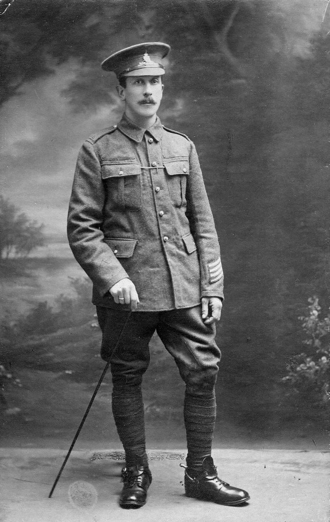 Gunner Albert Tarrant, RHA. The chevrons on his left sleeve are long service and good conduct stripes and indicate that Albert Tarrant had served in the Army for 18 continuous years