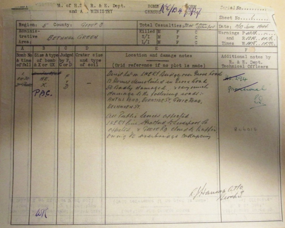 The ‘BC4’ form used by the Ministry of Home Security to record the Grove Road incident. Click on the image to enlarge it. Catalogue reference: HO 198/78, Bethnal Green 12/13 June 1944.