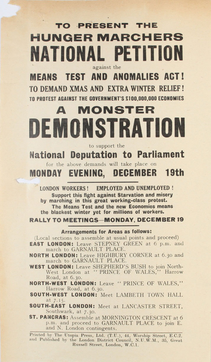 Protest pamphlet for hunger marchers against the Means Test, 19 December 1932 (HO 144/18187)