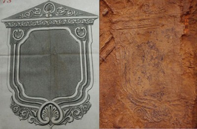 Left: image of a design for a coffin plaque registered in October 1863 by John Hands, Birmingham. Right: an impression of the design found at the burial site (image courtesty of the University of Queensland Culture and Heritage Unit). 