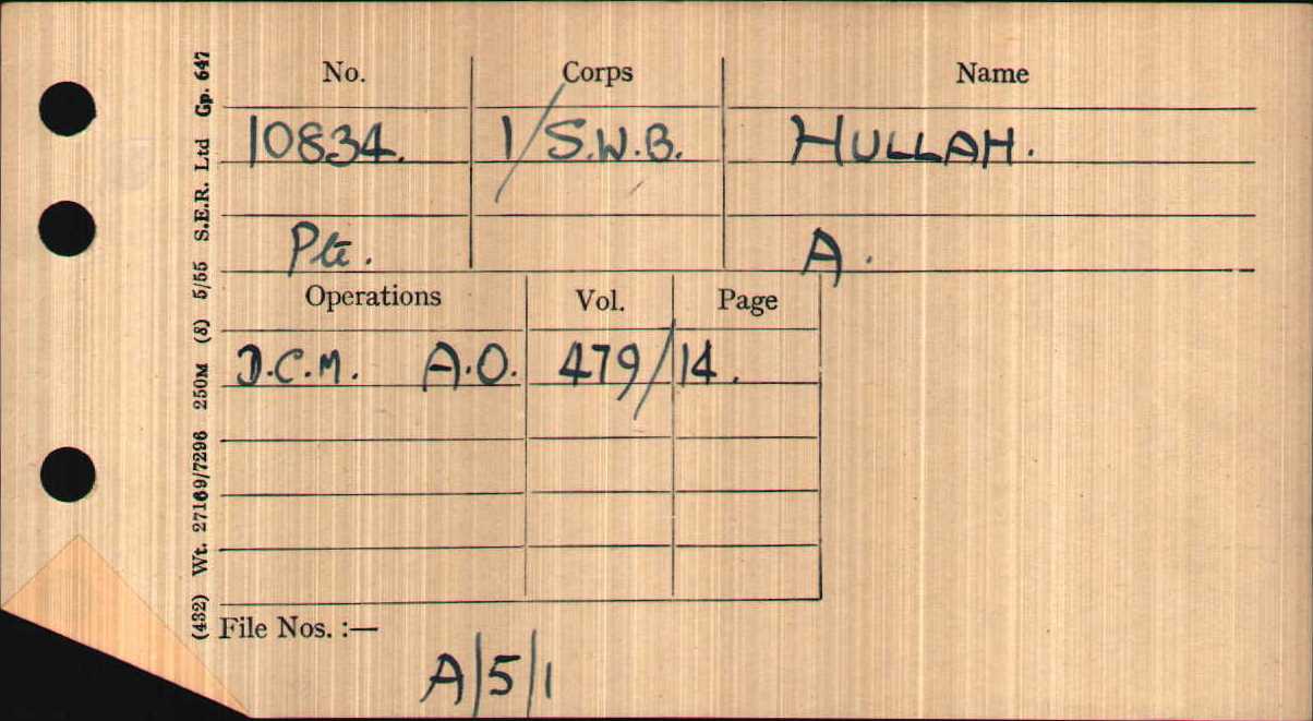 Alfred Hullah's medal card showing he was awarded the DCM (WO 372/23/57827)