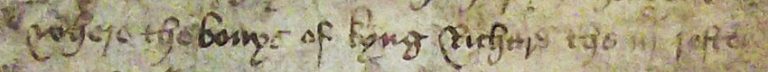 Magnified line from C 1/206/69 '..where the bonys of kyng Richard the iijde resten...' The key line in the case which shows that the site of Richard III's burial was well-known in the East Midlands in the years immediately after his death.