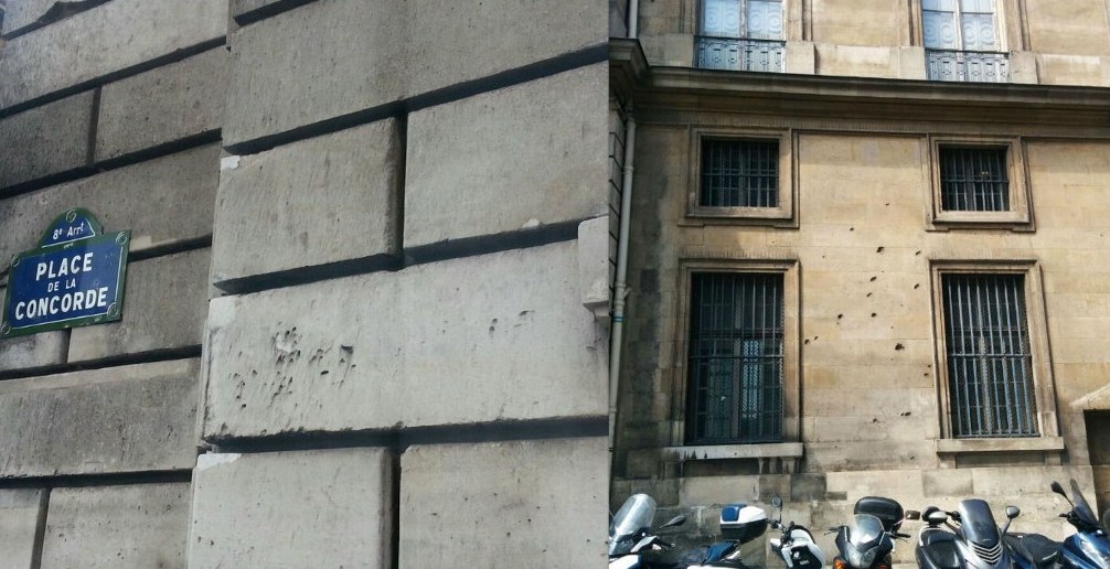 Bullet holes on the façades Place de la Concorde in Paris. Clovis Desplat/Stéphanie Le Roux