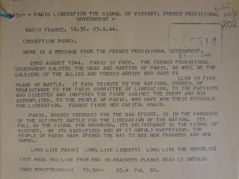Message broadcast by the French Provisional Government on 23 August.  (Catalogue reference:  FO 371/41863)