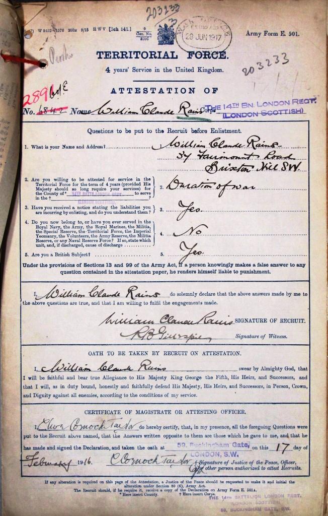 First page of the attestation form for Private Claude rains, 3/14 London Regiment. Catalogue reference WO 339/108479
