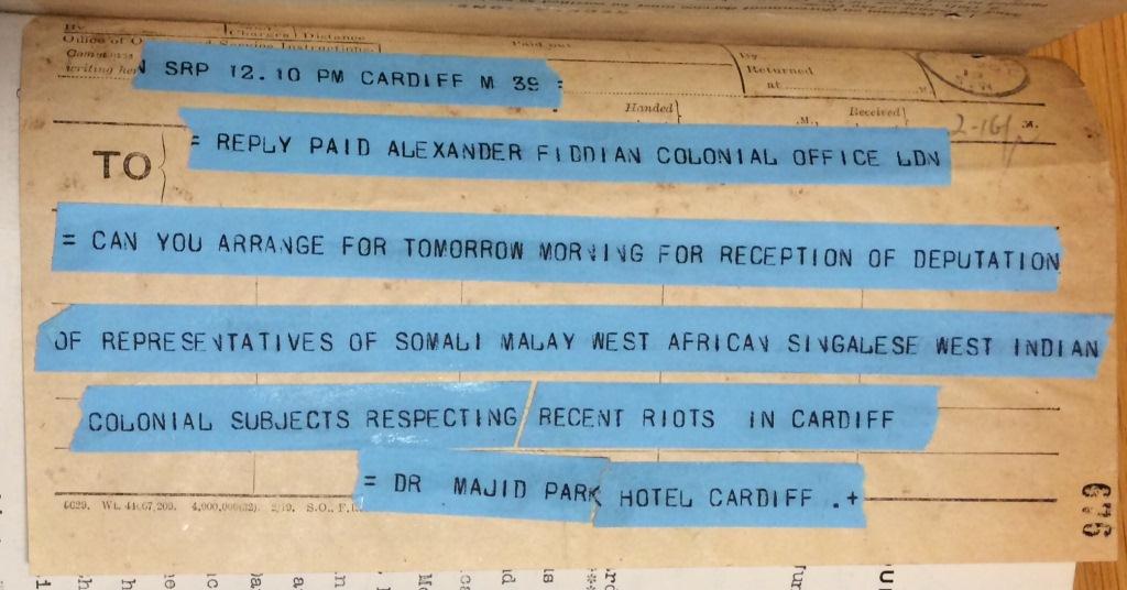 Image of a telegram sent to the Colonial Office concerning race riots in Cardiff, dated June 1919 [CO 323/819/71]