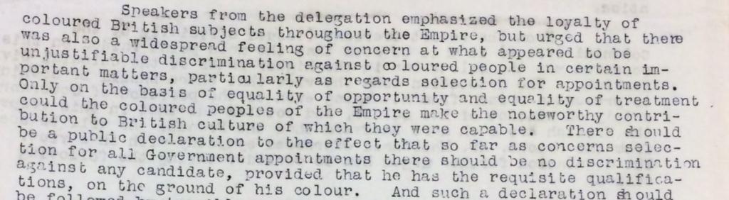 Image of an extract concerning the practice of the Colour Bar following a deputation by the League of Coloured People 