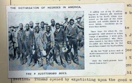 Image of postcard from Nancy Cunard’s Metropolitan Police file detailing the case and campaign concerning the Scottsboro Boys [MEPO 38/9]