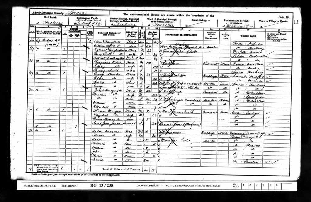 1901 Census of Wassmer family. Anton Henry Samuel is listed as a messenger, with his father is listed as a Hairdresser and born in Germany. Catalogue reference: RG 13/235.