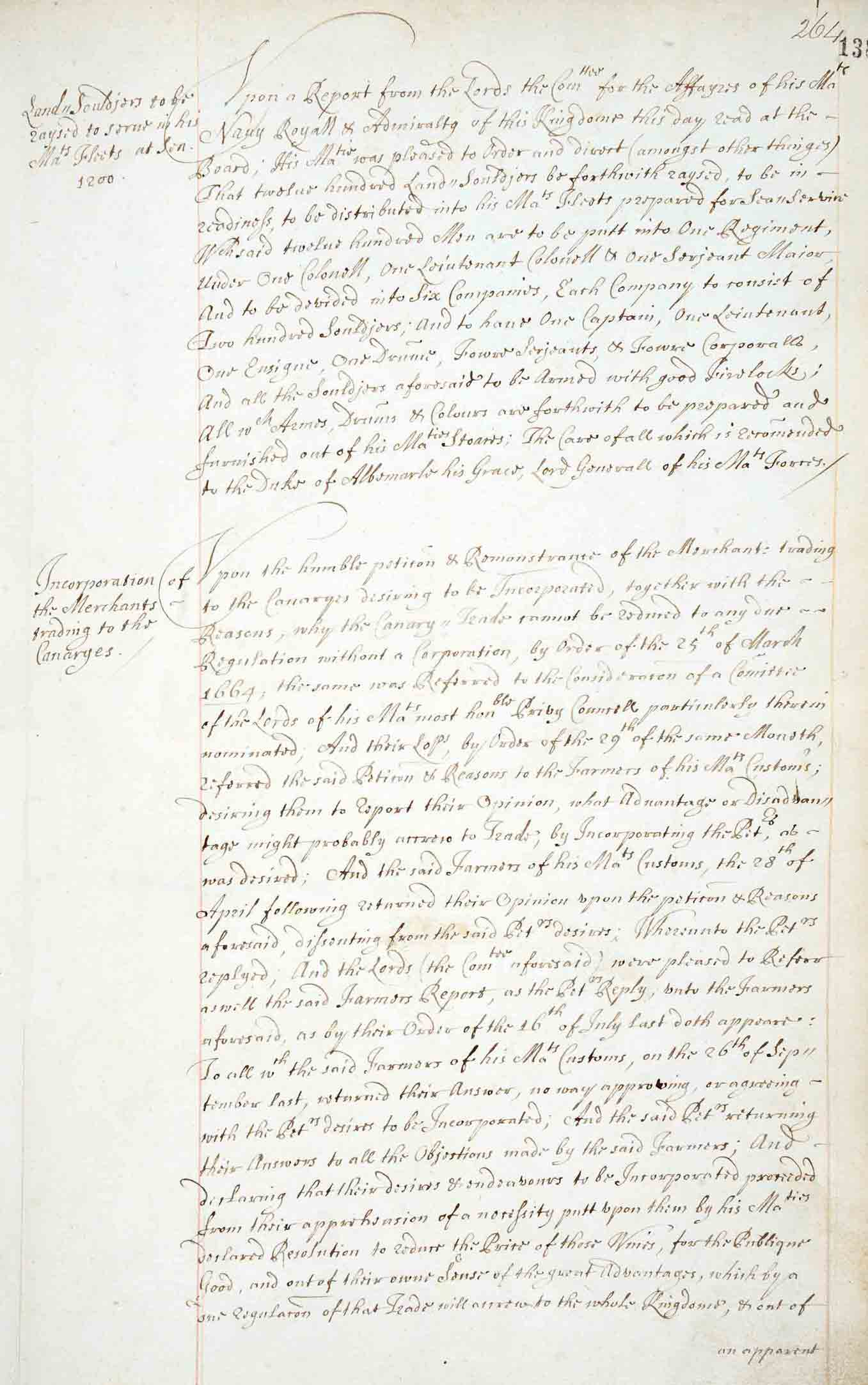 Order in Council for the formation of the Duke of York and Albany's men. Catalogue reference: PC 2/57 f138 