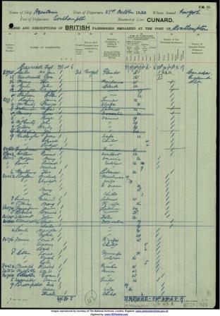 Outgoing passenger manifest of the Aquitania on 25th October 1920, showing Fred, Ada and Theo Broomfield. Catalogue reference: BT 27/933