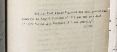 An image of a telegram stating that the British West Indies regiment had been granted the same benefits as other regiments.