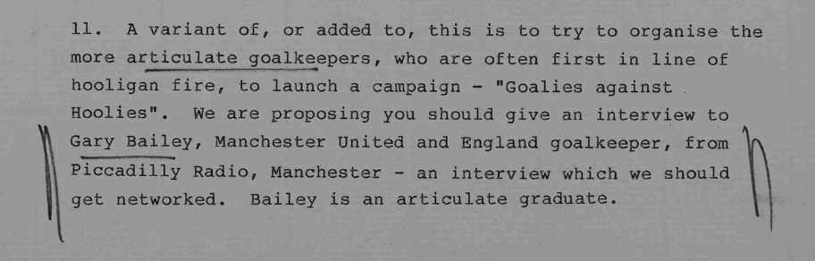'Goalies against Hoolies' - section of a memo by Bernard Ingham, 20/06/85 (PREM 19/1528)