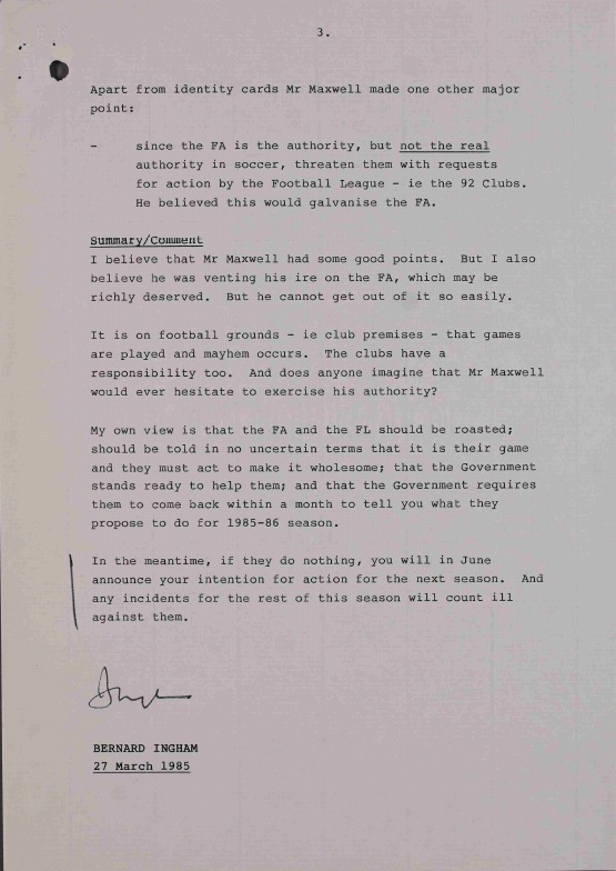 'The FA and the FL should be roasted'. Note by Bernard Ingham, 27/03/85 (PREM 19/1527)