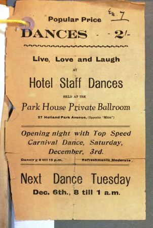 Image of a handbill advertising a ball for "hotel staff" taken as evidence. Reference: CRIM 1/638