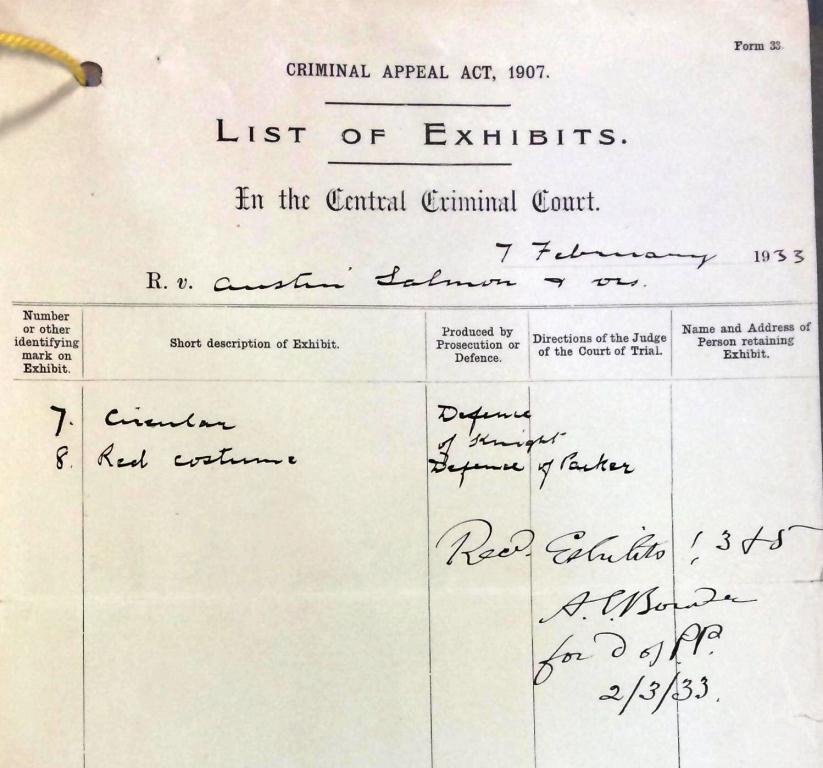 Image of a list of exhibits used as evidence. Reference: CRIM 1/638.