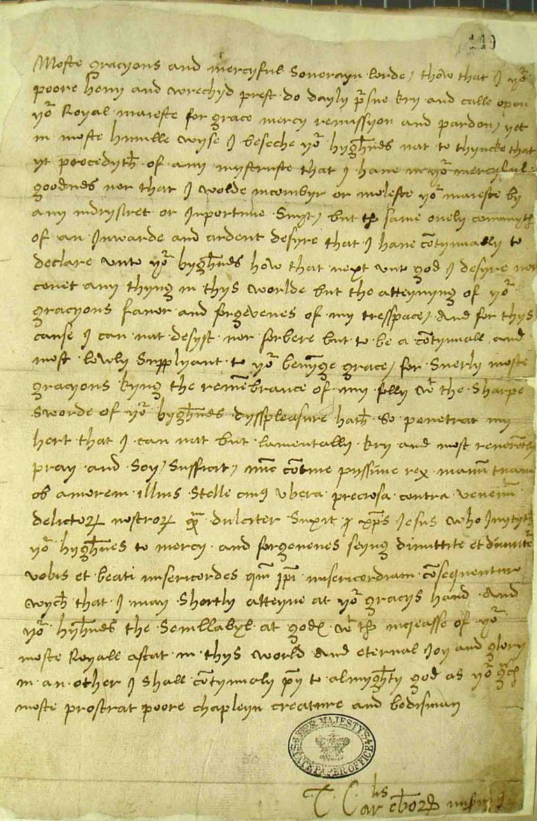Wolsey pleads with Henry VIII in a letter (SP 1/55, f.149).