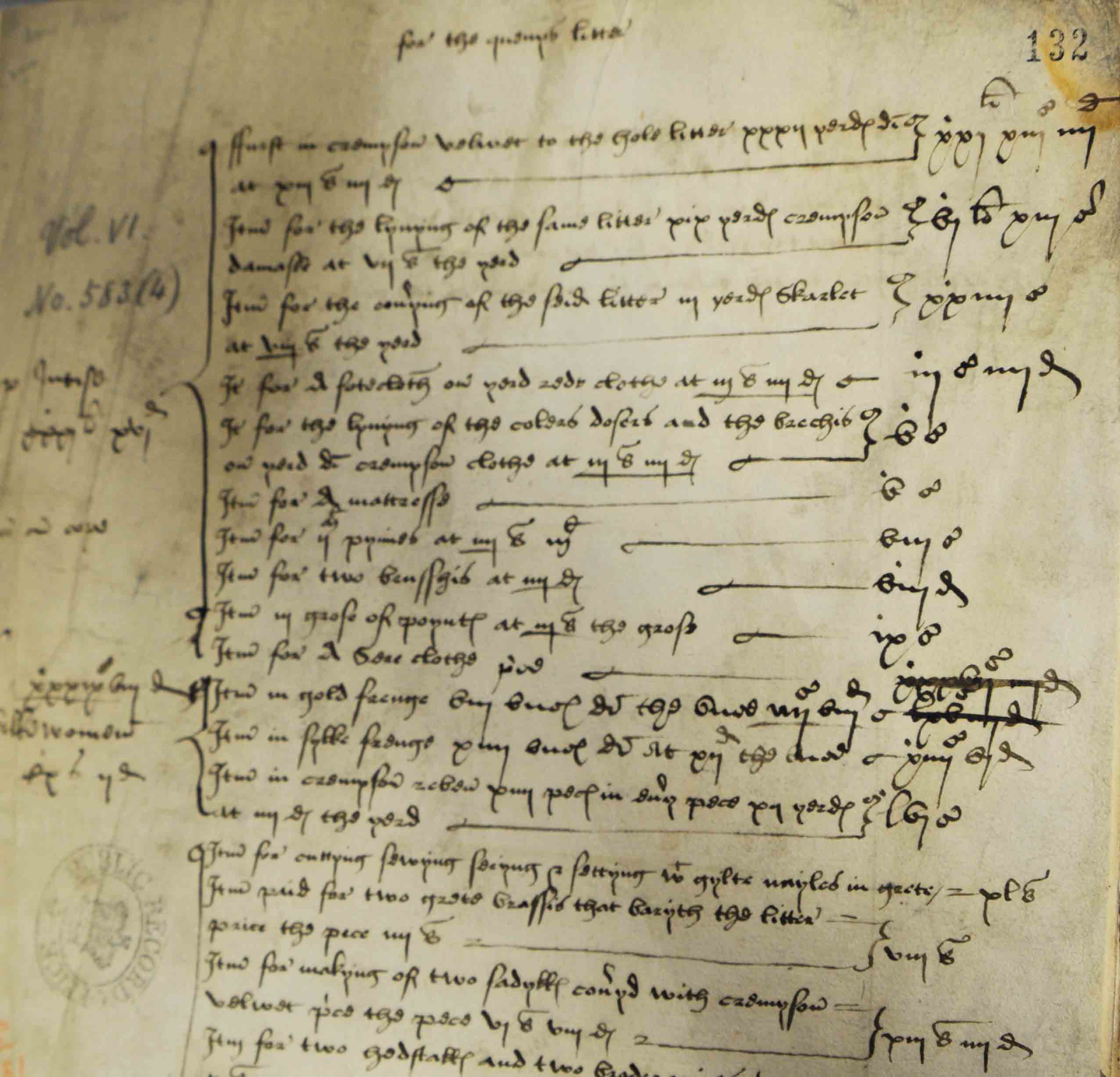 List of the materials for Anne Boleyn's coronation litter and horses (SP 1/76, f.132).