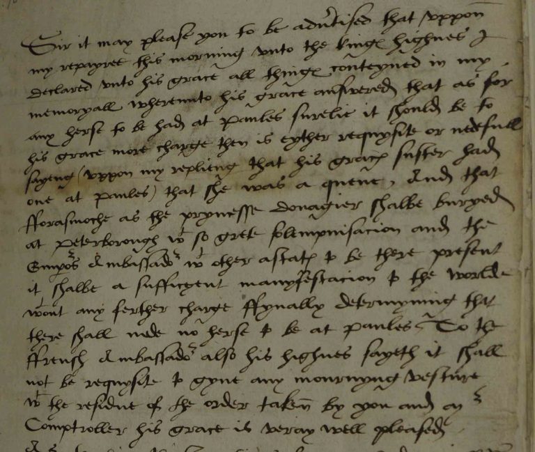 A report of the king's conversation with Ralph Sadler about the burial of Katherine of Aragon (SP 1/101, f.50)